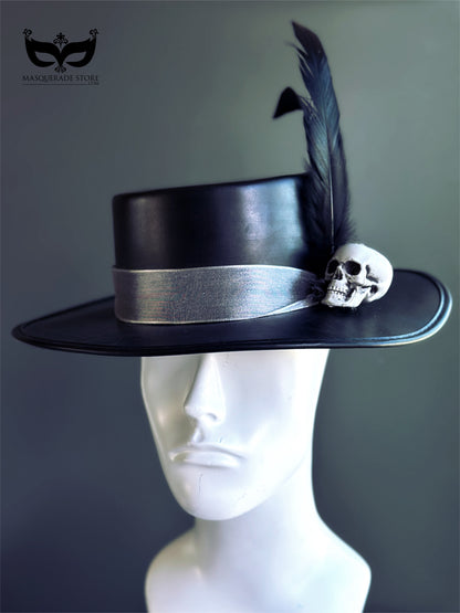 Black Vegan Leather Skull Top Hat