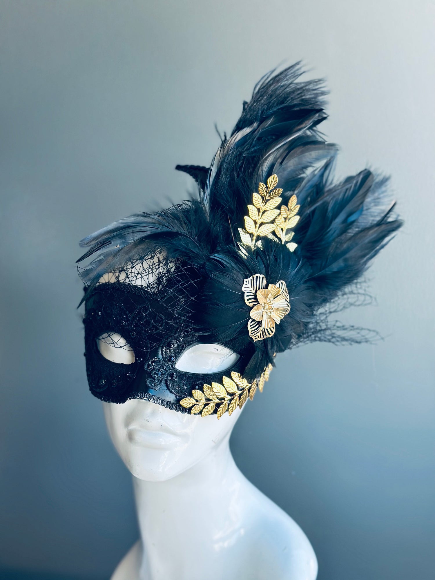 Black and Gold Mardi Gras Mask with Feather - Each