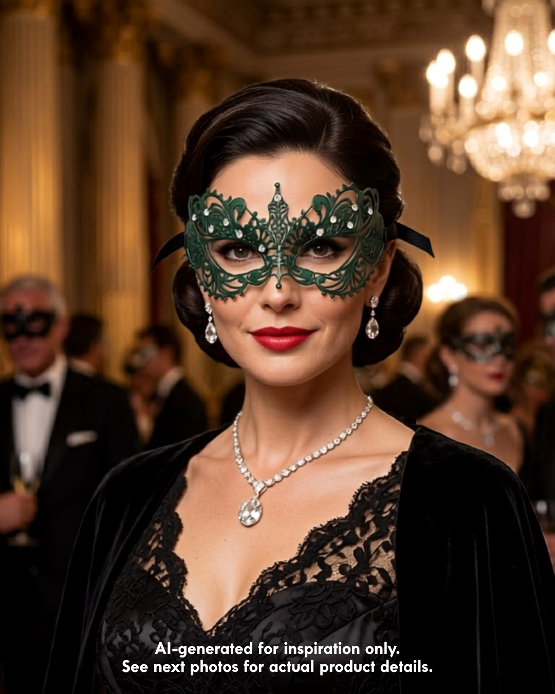 Emerald green Ana lace masquerade mask with open filigree eye-mask design and rhinestone accent for women’s formal masquerade ball outfit.