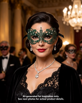 Emerald green Ana lace masquerade mask with open filigree eye-mask design and rhinestone accent for women’s formal masquerade ball outfit.