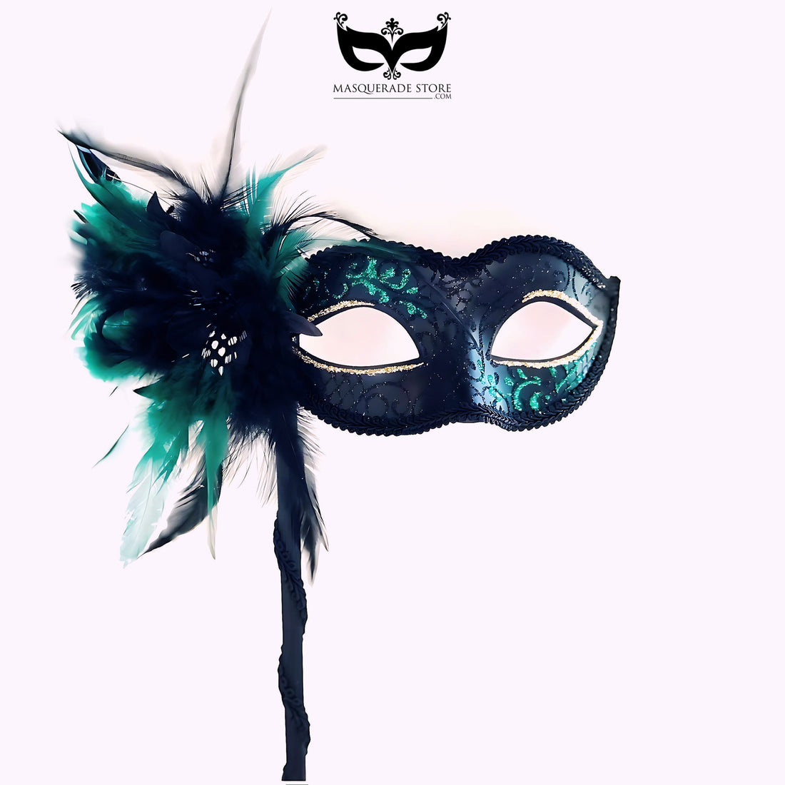 Emerald green and black feather masquerade mask with gold trim for Mardi Gras and masquerade balls.