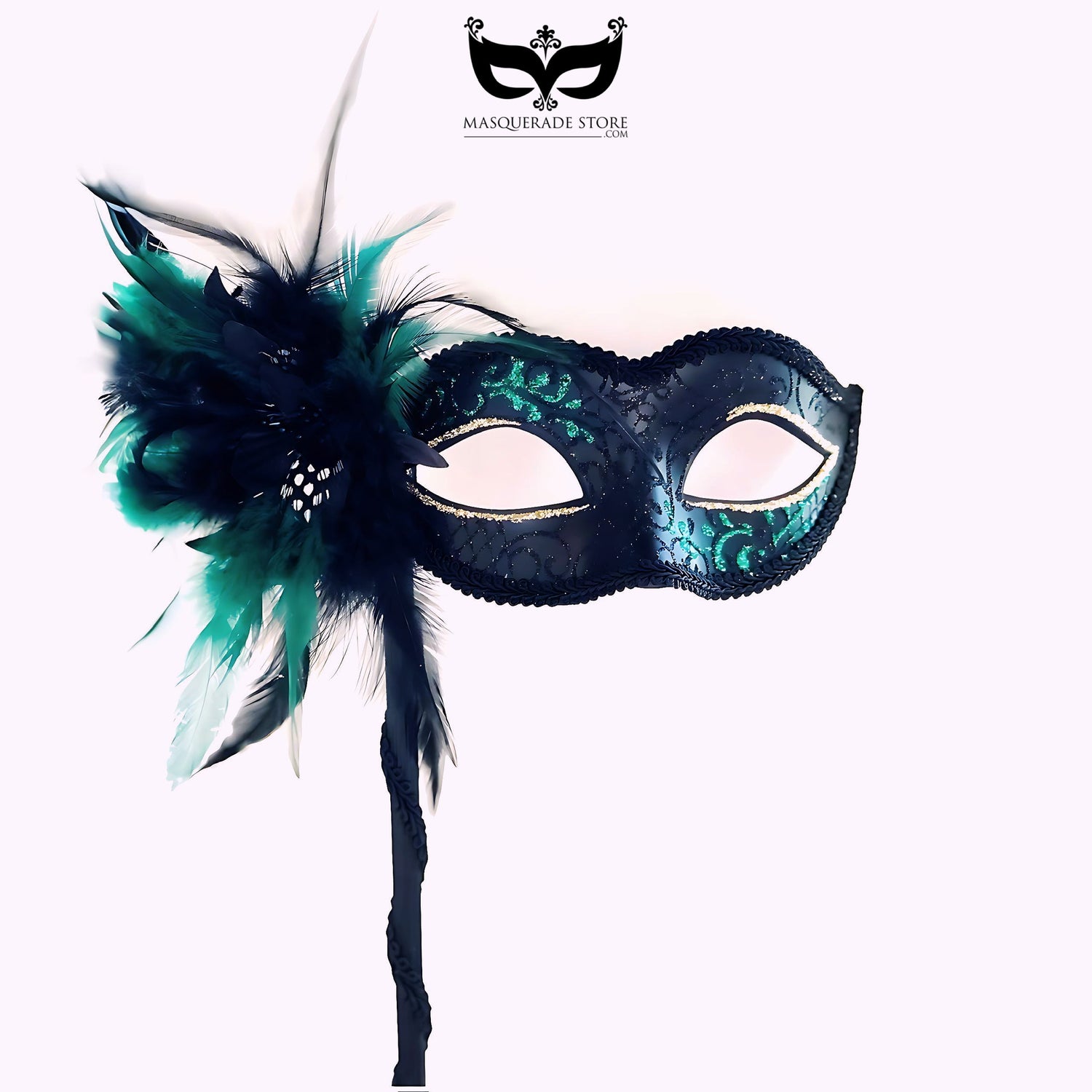 Emerald green and black feather masquerade mask with gold trim for Mardi Gras and masquerade balls.
