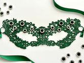 Emerald green floral lace masquerade mask with dark green rhinestones for velvet night gala and Venetian ballroom events.