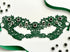Emerald green floral lace masquerade mask with dark green rhinestones for velvet night gala and Venetian ballroom events.