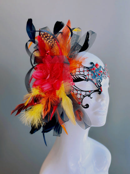 Black Phantom Mask - Scarlet Feathers