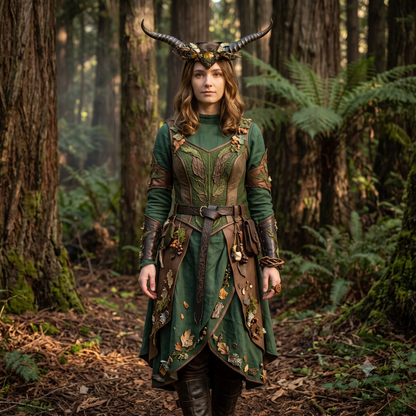Woman wearing a horned skull headdress hat with curved black horns, feather accents, dangling bead details, and a black and brown feather cape in a forest setting.