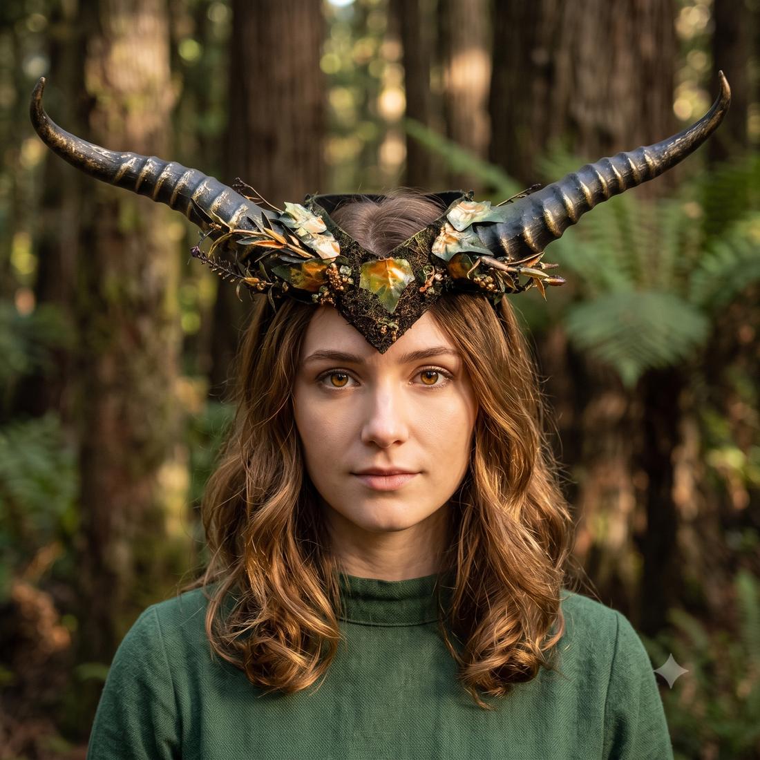 A woman with wavy light brown hair wearing a dark horned fantasy-style headpiece with gold and green leaf accents, photographed outdoors in a forest setting.