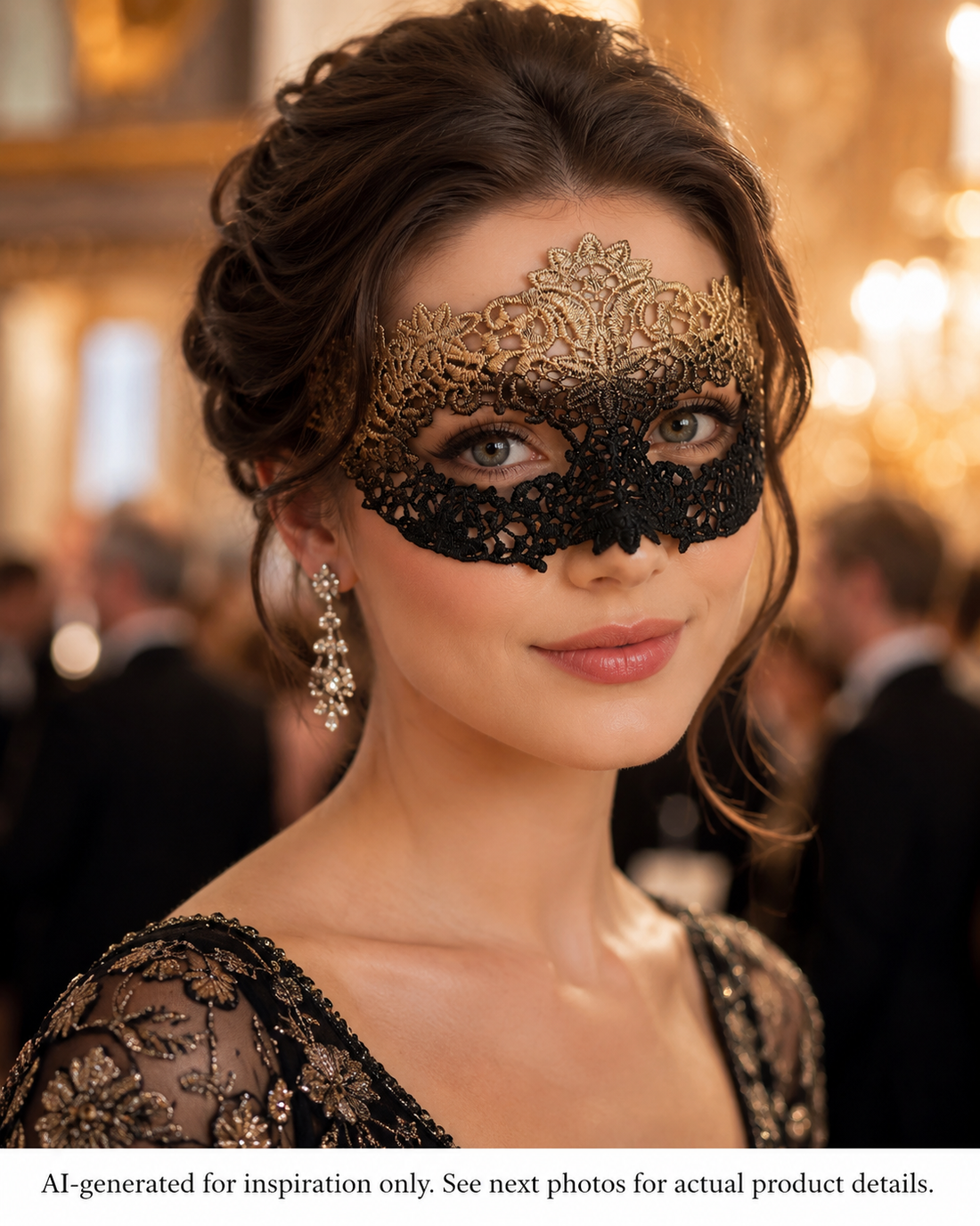 Gilded Shadow black and gold lace-style masquerade mask with floral scroll detailing and elegant formal styling.