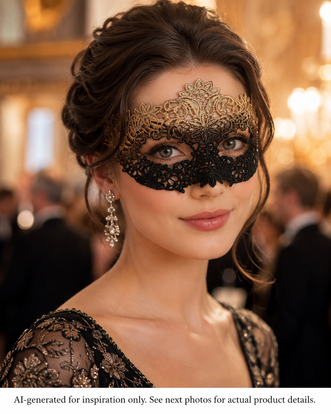 Gilded Shadow black and gold lace-style masquerade mask with floral scroll detailing and elegant formal styling.