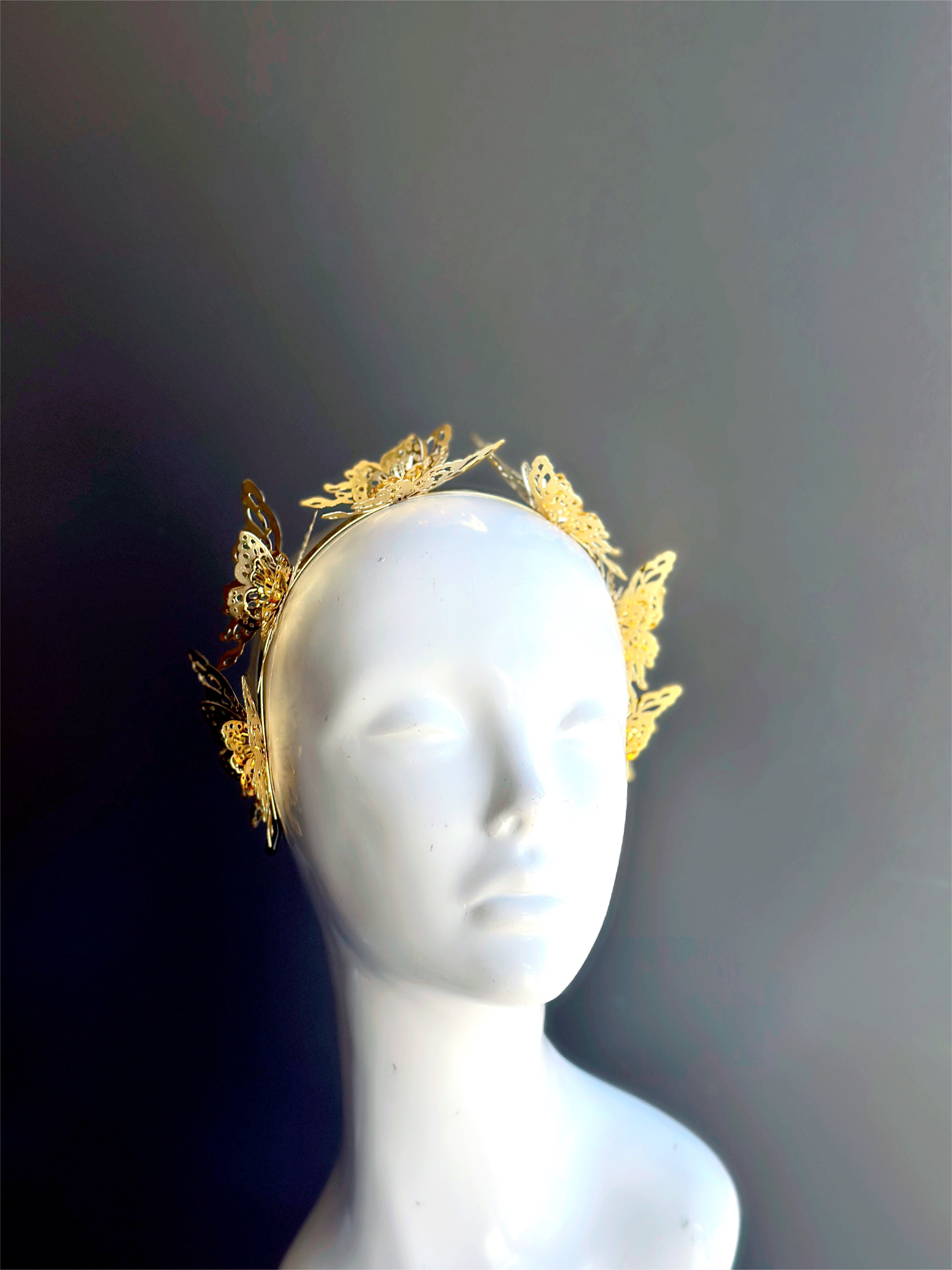 Gold butterfly crown headband with delicate metallic details for fairycore, renaissance, or fantasy weddings and events