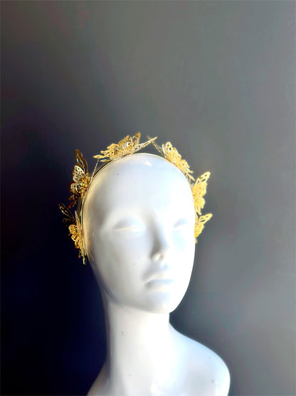 Gold butterfly crown headband with delicate metallic details for fairycore, renaissance, or fantasy weddings and events