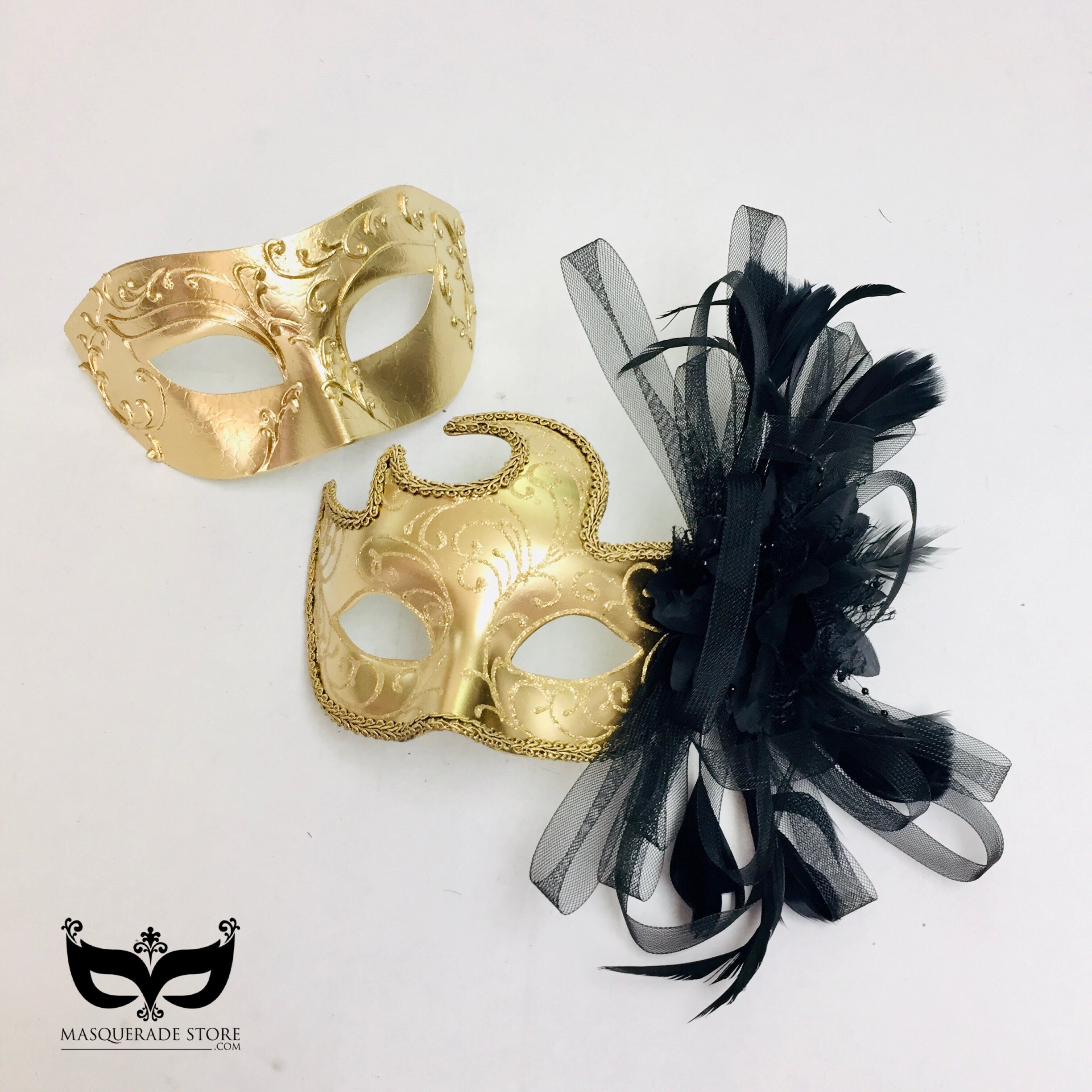 Gold couples masquerade masks with black feathers and tulle, Venetian party mask set for masquerade balls, weddings, Mardi Gras, or Halloween.