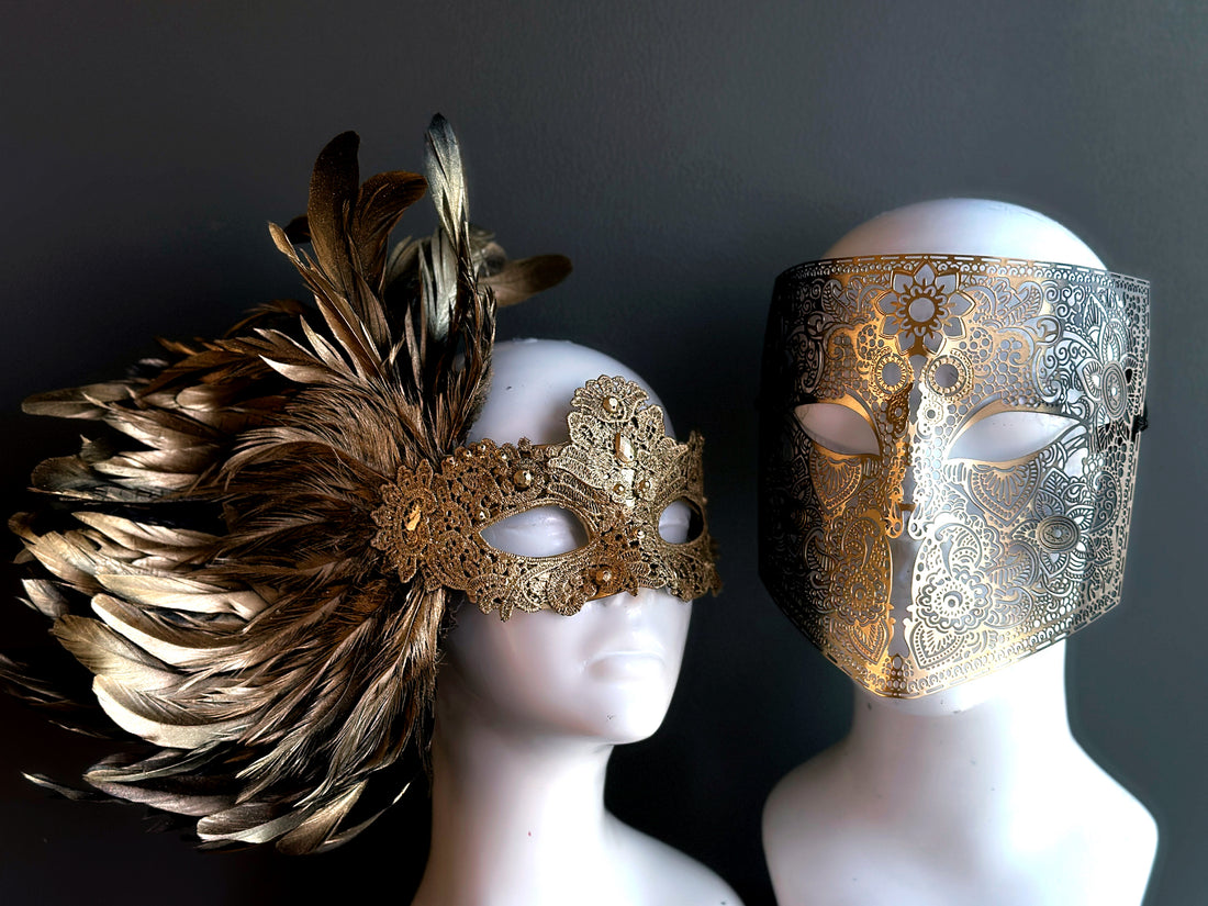 Masquerade couple set with gold lace and feathers for elegant themed parties