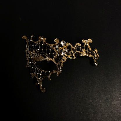 Gold filigree masquerade mask with rhinestones, elegant Venetian-style mask for women’s balls, proms, and Halloween parties.