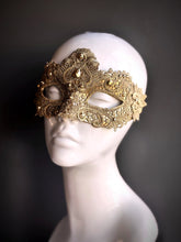 Gold lace masquerade mask with rhinestones, Venetian luxury mask for women, Mardi Gras, weddings, and masquerade ball.