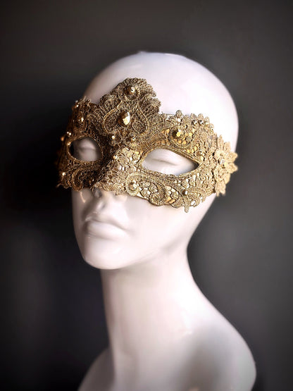 Gold lace masquerade mask with rhinestones, Venetian luxury mask for women, Mardi Gras, weddings, and masquerade ball.