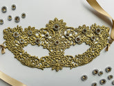 Gold lace masquerade mask with  rhinestones for ballroom gala and Venetian masquerade events.