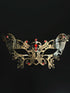 Gold women’s masquerade mask with filigree metal design and red rhinestones, perfect for Venetian masquerade balls, Mardi Gras, and prom.