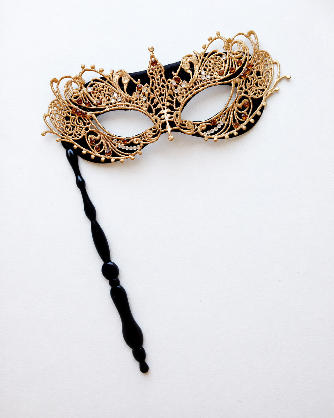 Gold Lace Handheld Masquerade Mask with Rhinestones