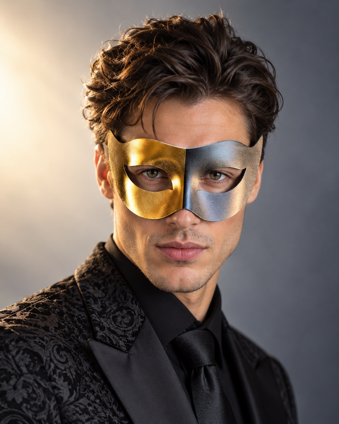 Golden Crest Masquerade Mask with split gold and silver metallic finish and elegant pointed Venetian eye shape.