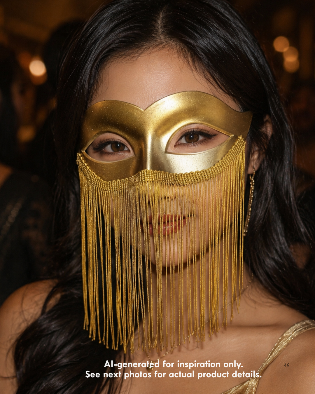 Golden Mirage gold fringe masquerade mask with metallic eye-mask base, long cascading fringe, almond eye openings, and face-veiling design.
