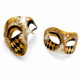 Golden Phantom Harlequin Royale gold and black Venetian couples mask set with ornate long-nose mask, eye mask, crackle finish, and diamond details.