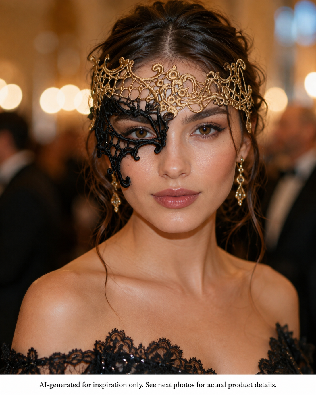 Golden Shadowfall black and gold lace masquerade mask with asymmetrical one-eye scrollwork and crown-inspired detail.