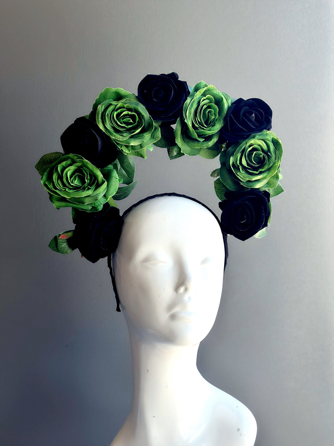 Gothic-style green and blue rose flower crown headband perfect for Halloween, cosplay, or witch costumes