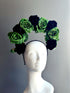 Gothic-style green and blue rose flower crown headband perfect for Halloween, cosplay, or witch costumes