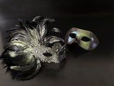 Green,charcoal and silver feather lace masquerade mask set 