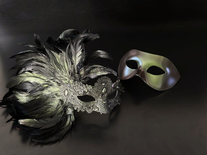 Green,charcoal and silver feather lace masquerade mask set 