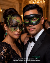 Black and celadon green Venetian couples masquerade mask set with men’s eye mask and women’s swan filigree mask for formal masquerade ball.