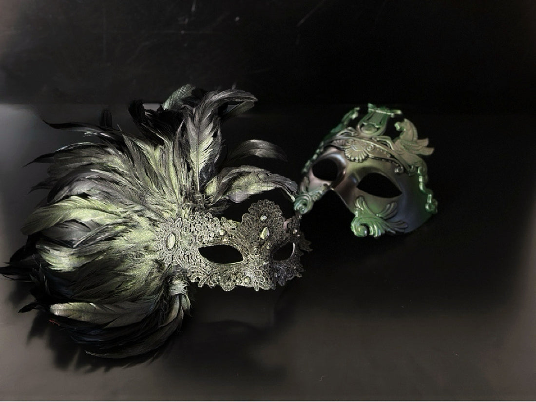 Green charcoal and silver feather lace masquerade mask set.