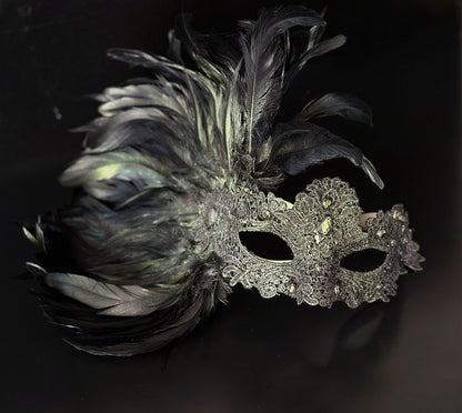 Green,charcoal and silver feather lace women masquerade mask 