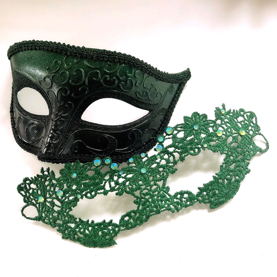 Matching green masks for couples—lace women’s mask and men’s faux leather mask