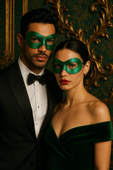  Man and woman in coordinated green glitter masks and formal attire, perfect for masquerade ball couples.