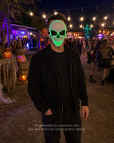 Green Glow Skull Neon LED mask with glowing green skull outline, eye, nose, and mouth details, replaceable battery, and three lighting settings.