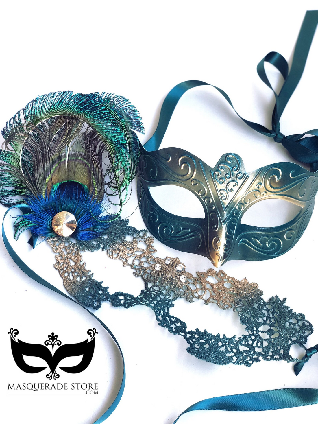 Green and gold masquerade couples mask set with a men’s metal mask and women’s lace mask with peacock feather and rhinestone details, ideal for Venetian masquerade balls.