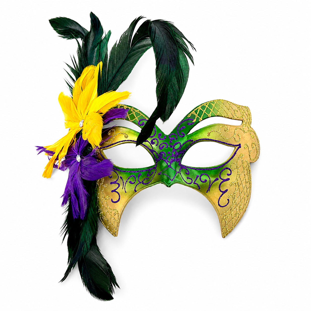 Green gold Mardi Gras masquerade mask with purple glitter detailing and green, purple, and yellow feather accents for carnival and formal events.