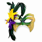 Green gold Mardi Gras masquerade mask with purple glitter detailing and green, purple, and yellow feather accents for carnival and formal events.