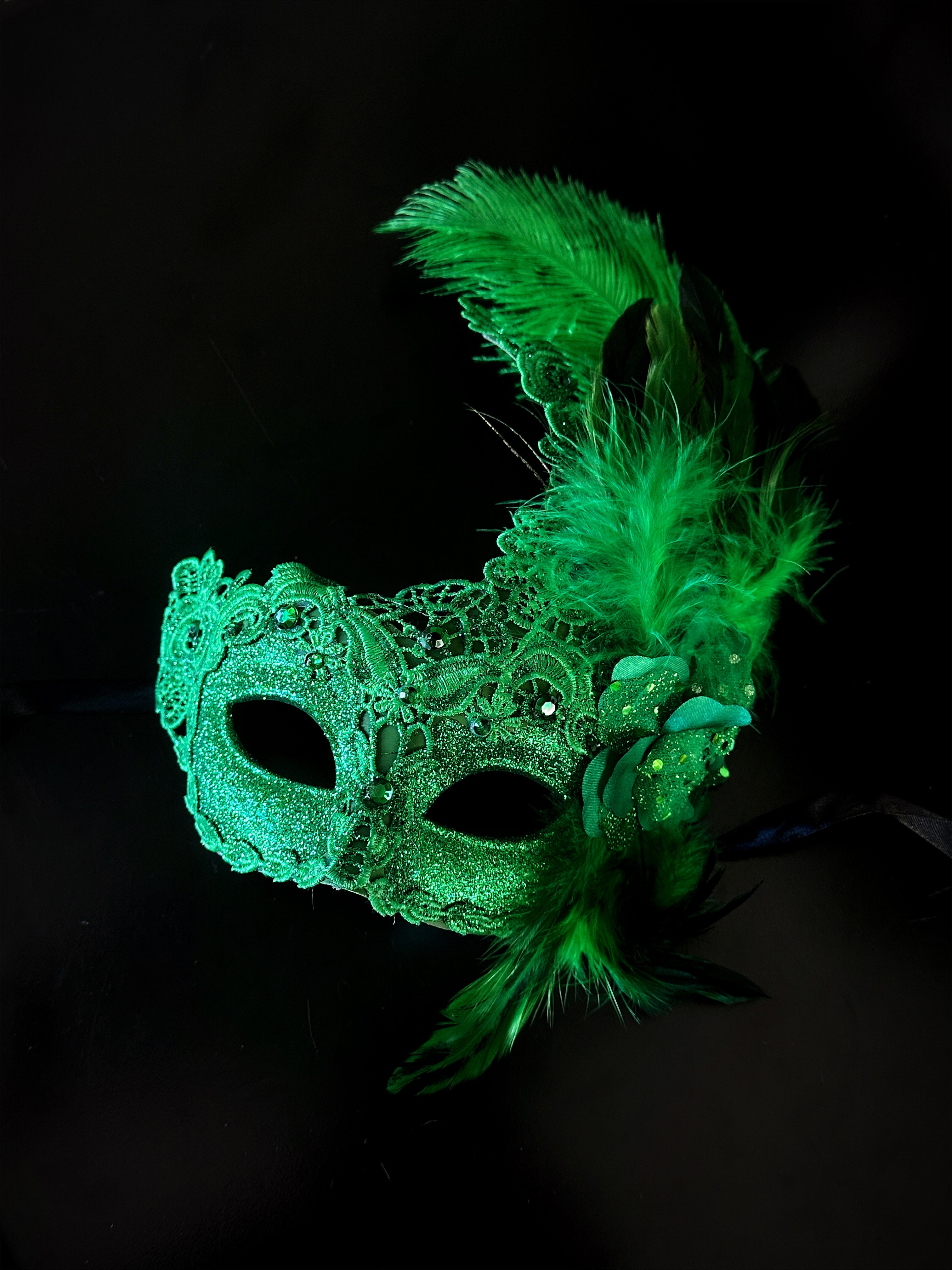 Womens Masquerade Mask Feather Mardi Gras Green | Masquerade Store