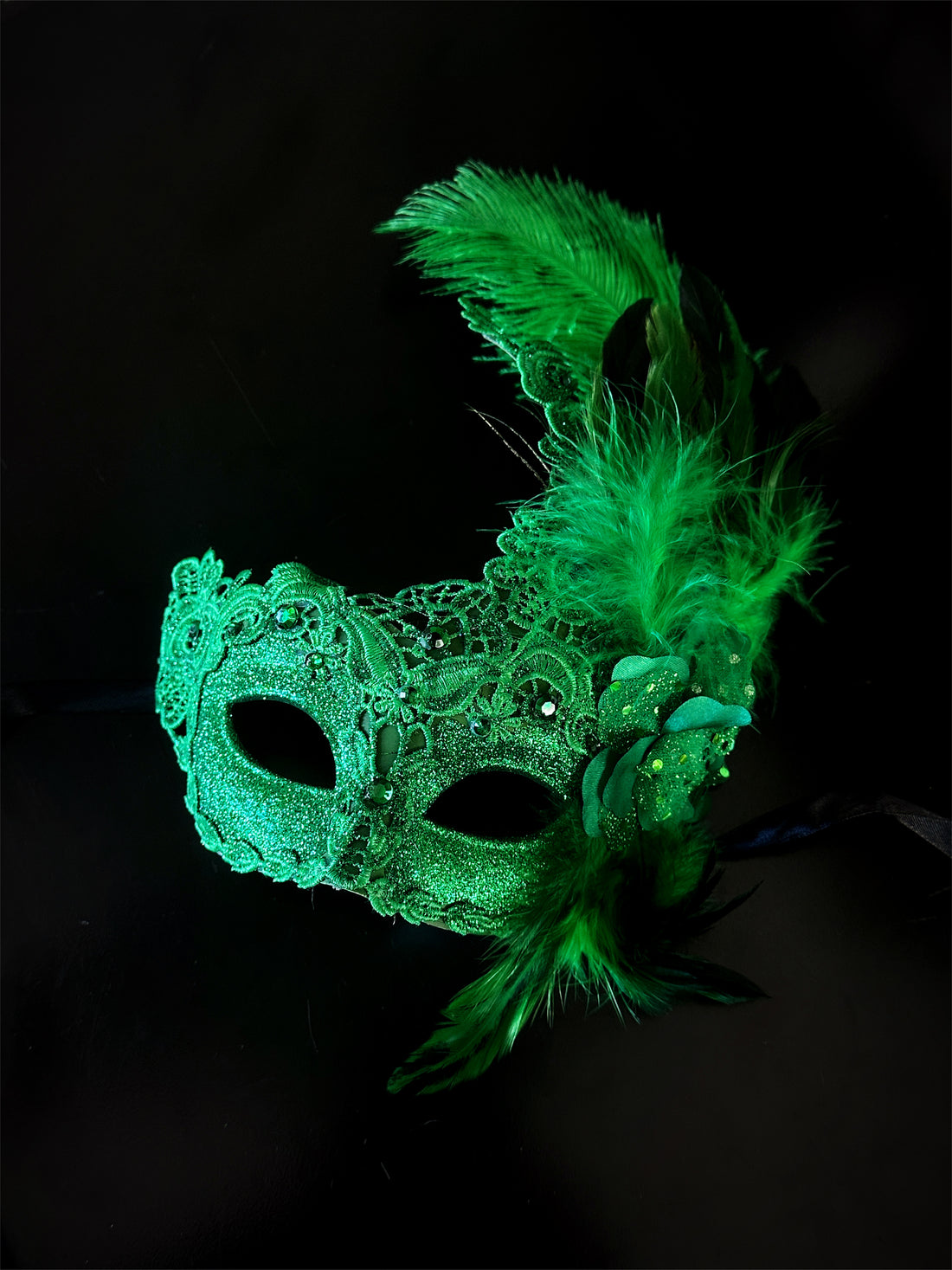 Emerald green feather masquerade mask with lace and gem accents