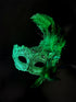 Emerald green feather masquerade mask with lace and gem accents