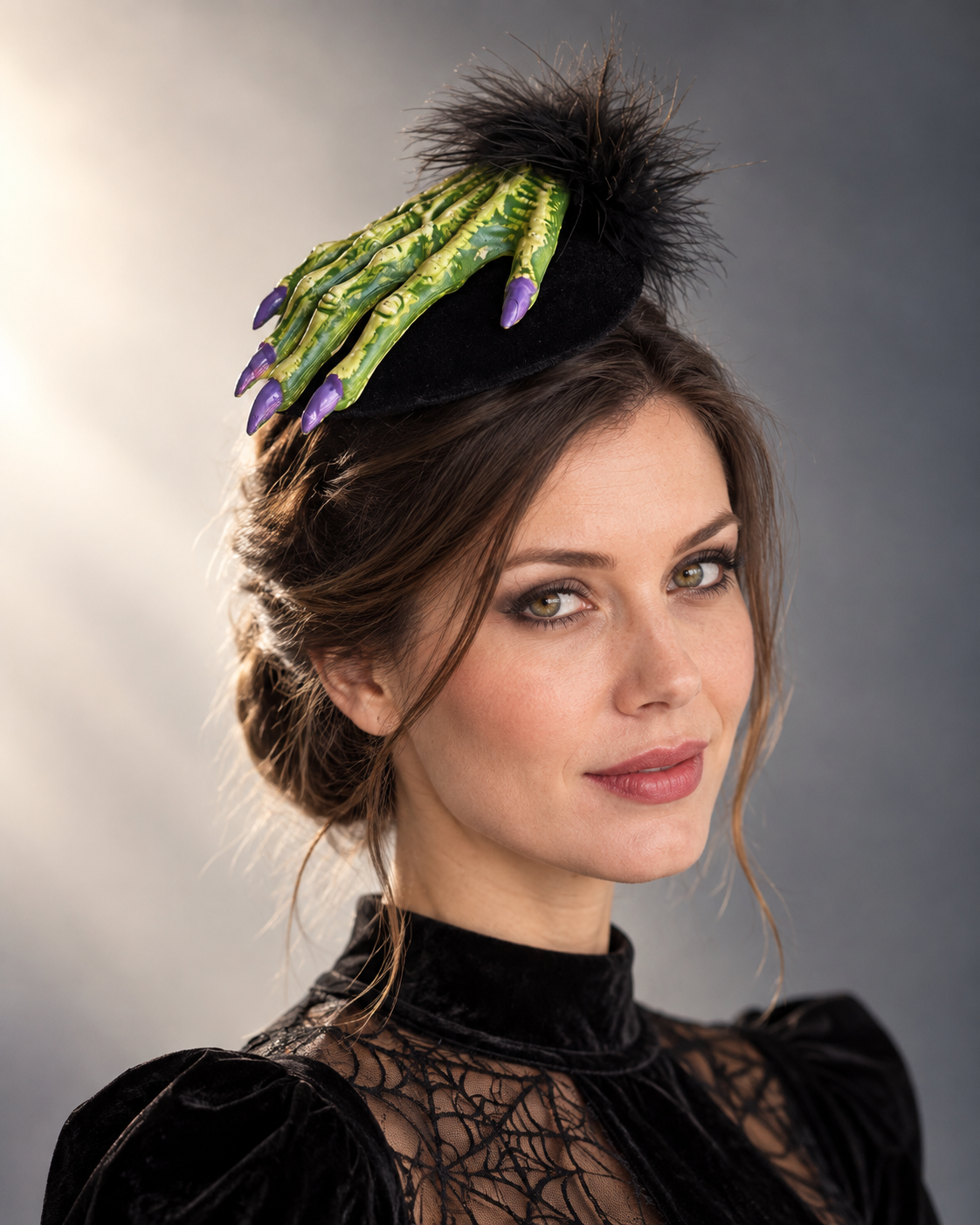 Green Spell Witch Hand Fascinator with realistic green witch hand, purple fingernails, black feathers, and Halloween styling.