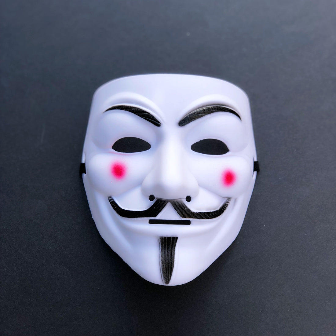 White Guy Fawkes Anonymous mask with black mustache and rosy cheeks, V for Vendetta costume mask for cosplay, Halloween, and parties.