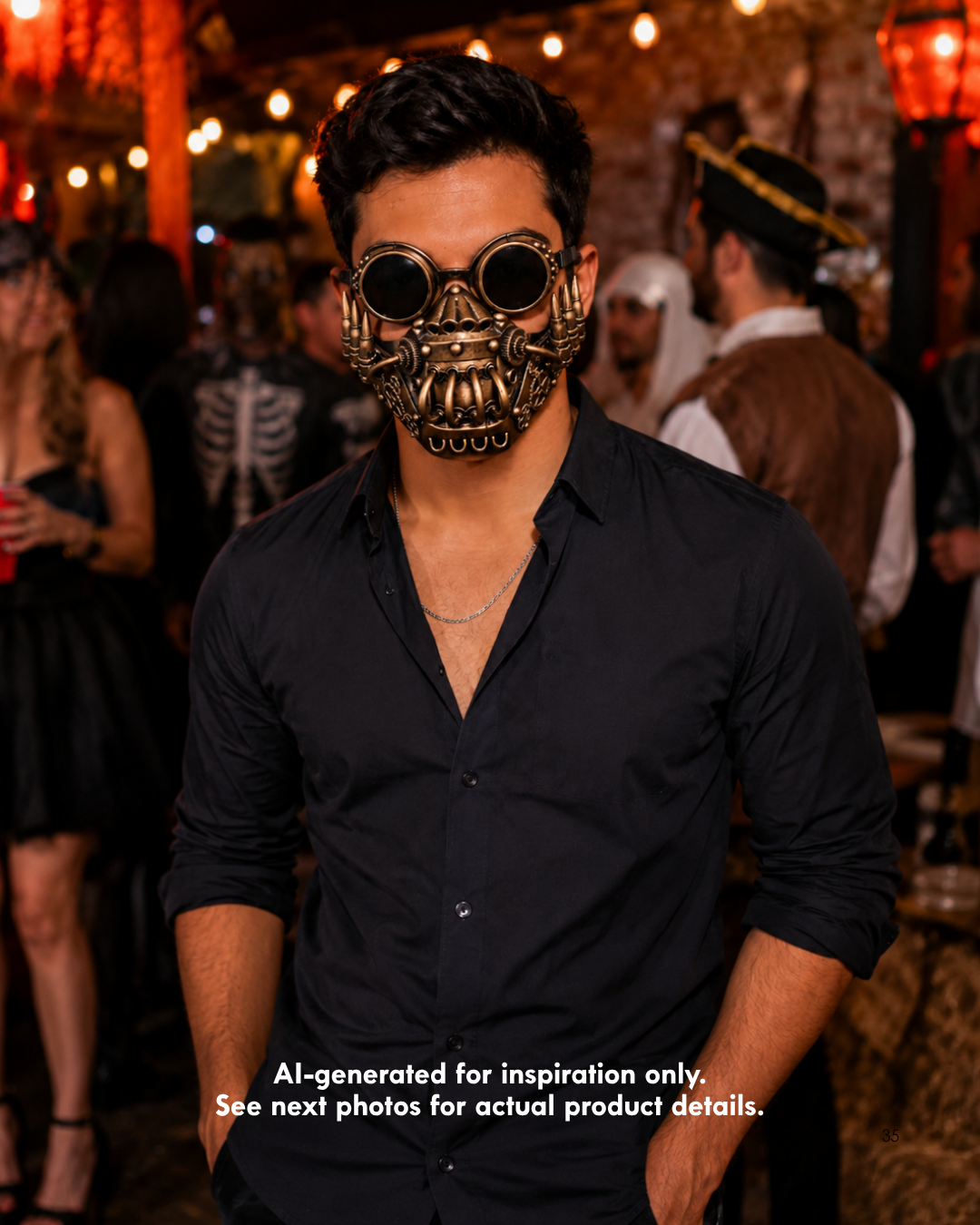 Antique gold cosplay gas mask with round dark goggles, exposed gears, curved tubes, rivet details, and pointed side accents for steampunk styling.
