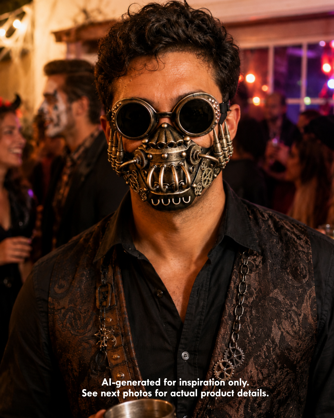 Antique gold steampunk goggles and respirator mask set with round dark lenses, exposed gears, curved tubes, spike details, and industrial finish.

