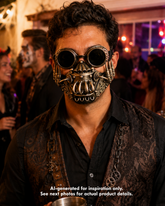 Antique gold steampunk goggles and respirator mask set with round dark lenses, exposed gears, curved tubes, spike details, and industrial finish.

