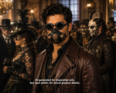 Black and antique bronze cosplay gas mask with dark round goggles, dual filter canisters, adjustable straps, and industrial dystopian styling.

