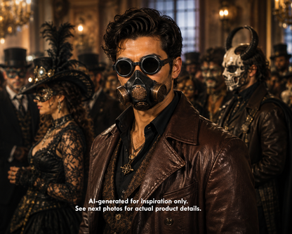 Black and antique bronze cosplay gas mask with dark round goggles, dual filter canisters, adjustable straps, and industrial dystopian styling.

